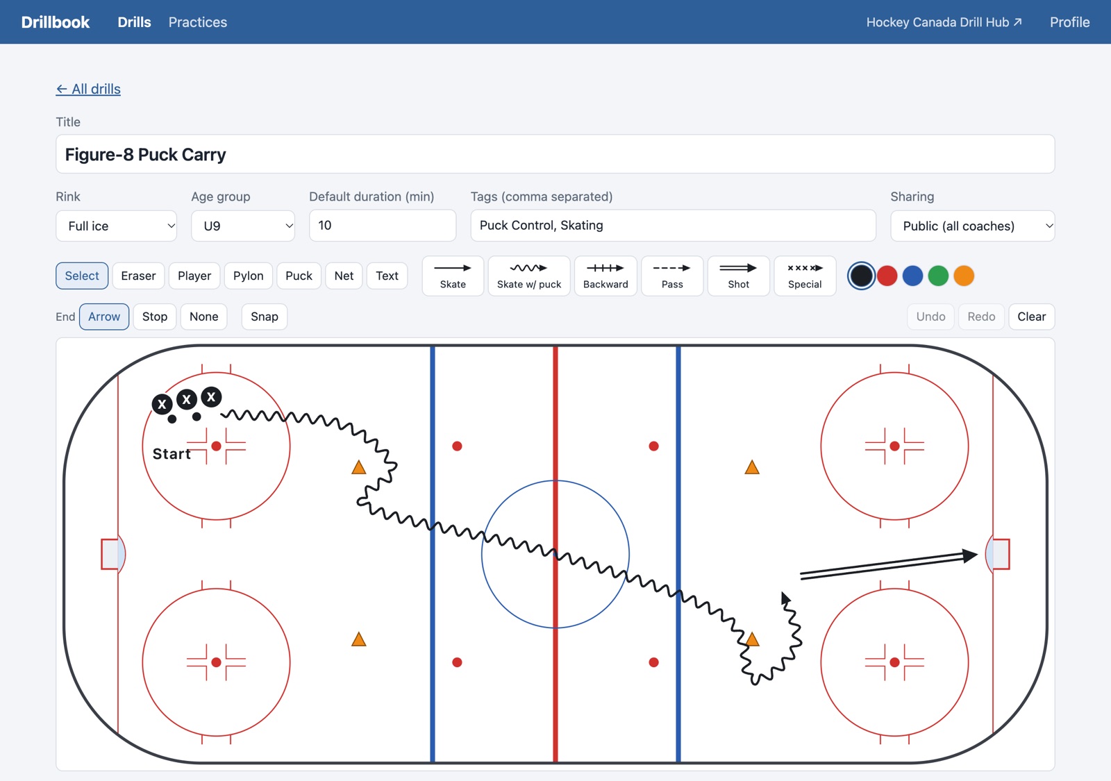 The drill editor: a full rink with players, pylons and a puck-carrying path, and drawing tools above it.