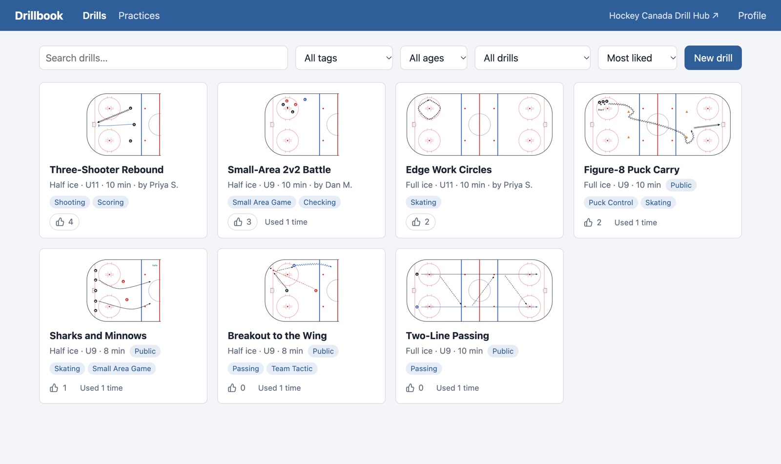 The drill library, sorted by most liked, with drills shared by other coaches.