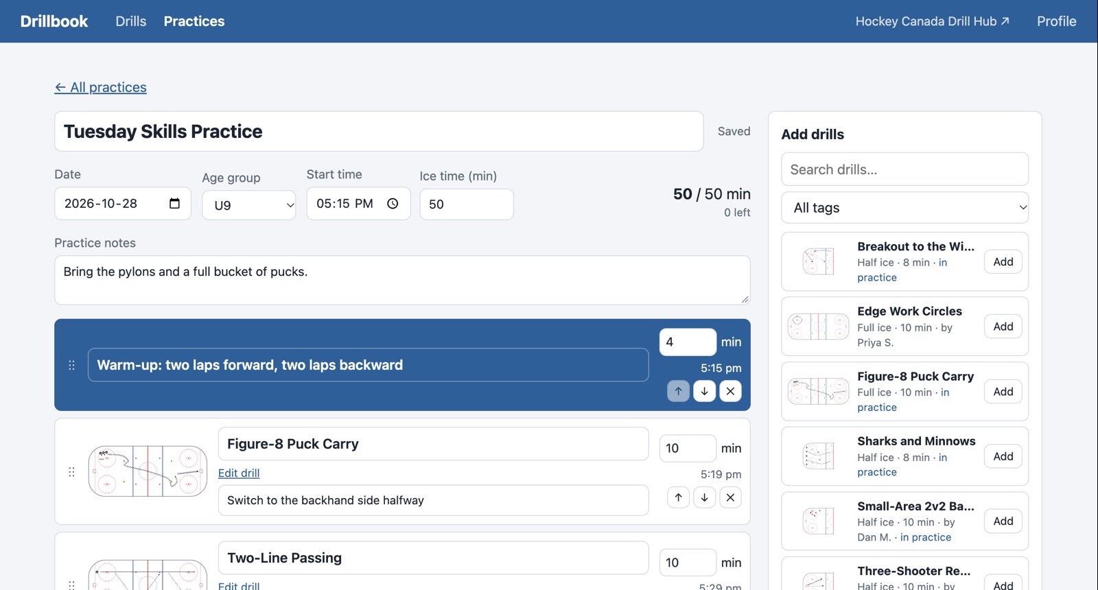 Planning a practice in Drillbook: drills with rink diagrams, minutes and start times, next to a list of drills to add.