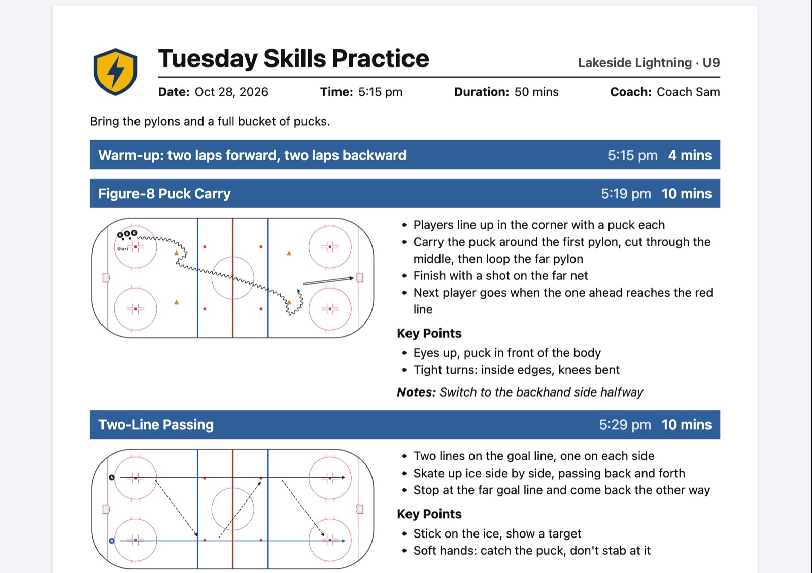 A printed practice plan with a team logo, drill diagrams, key points and start times.