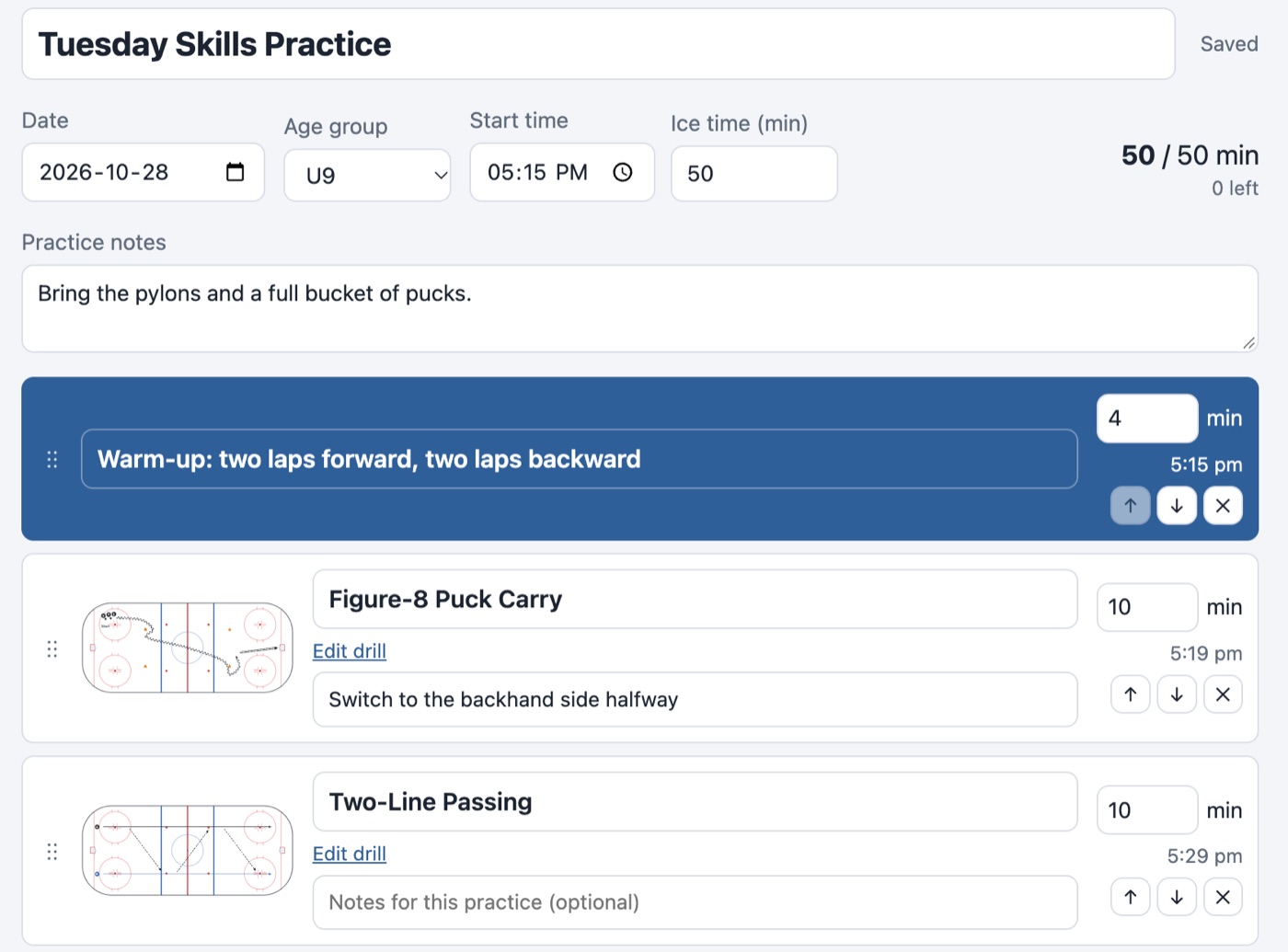 A practice adding up to exactly 50 of 50 minutes of ice time, with start times beside each drill.
